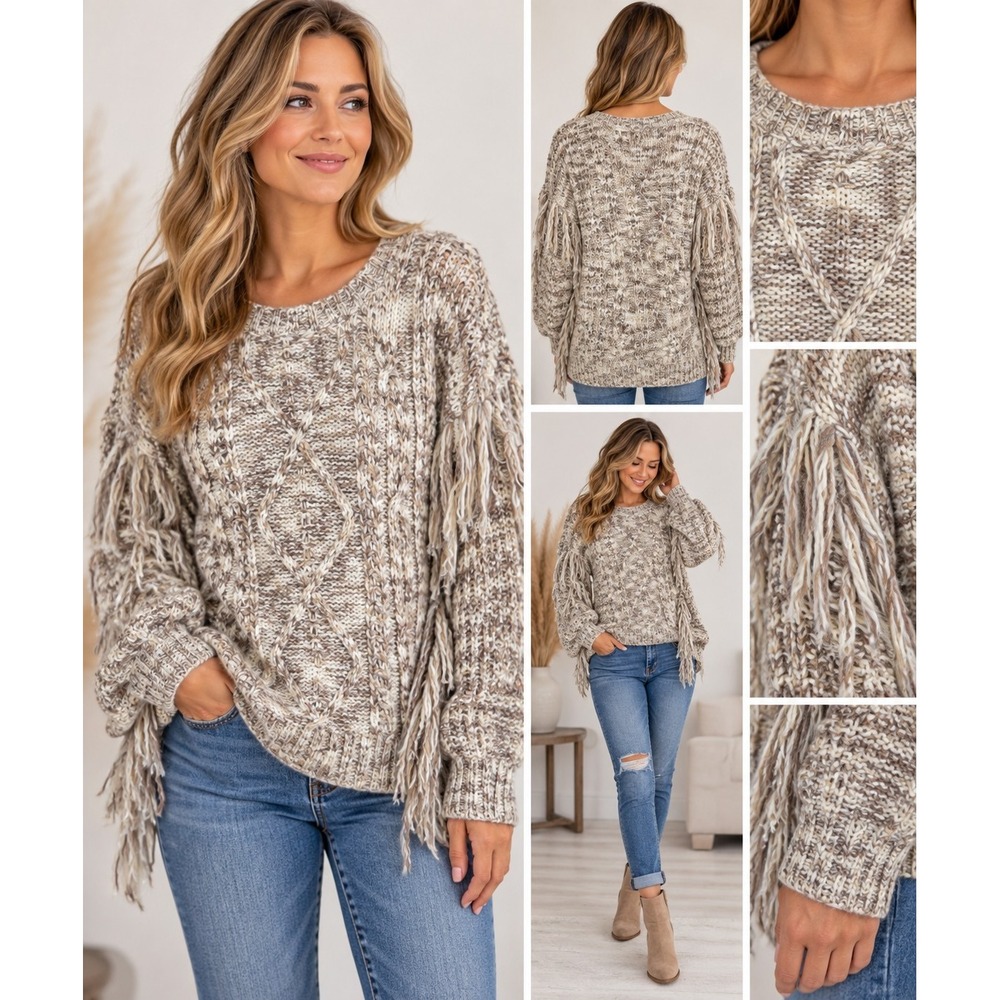 Dear John XL Fringe Cable Knit Sweater Boho Balloon Sleeve Marled Wool Blend